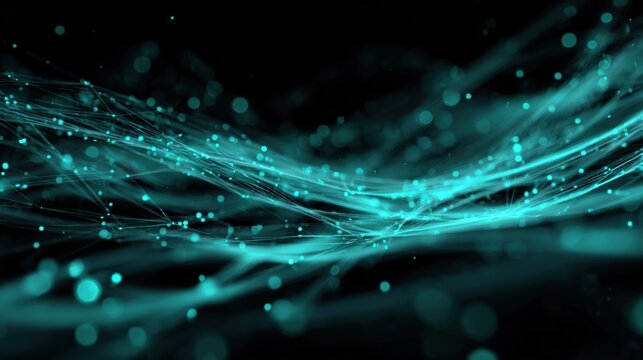 Abstract Network Connection Concept: Interconnected Lines, Dots, and Nodes in a Teal Blue Digital Landscape - Powered by Adobe