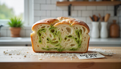 Moldy bread with green spots displayed on kitchen counter  