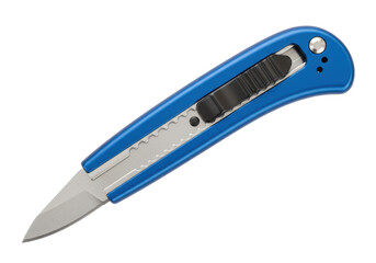 Isolated blue retractable razor blade tool, precision sharp cutting tool for projects & crafts