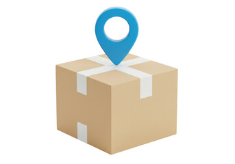 Isolated cardboard box with white adhesive tape and blue location pointer icon on top