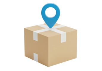 Isolated cardboard box with white adhesive tape and blue location pointer icon on top