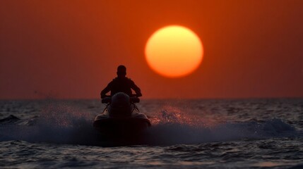 Man rides a jet ski against a stunning sunset on the ocean horizon