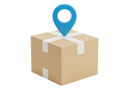Isolated cardboard box with white adhesive tape and blue location pointer icon on top