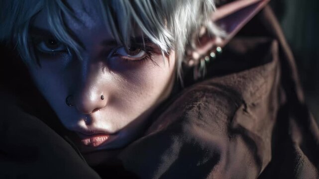 Anime, , , , , , girl, girl, girl, girl,. Elf with ear shaped ears in fantasy cosplay. A mysterious cloak with silver mystical hair. Anime, female character, elf female character, elf lifestyle.