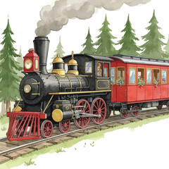 Naklejka premium Vintage steam locomotive with red passenger cars chugging along a railroad track through a forest of green pine trees emitting smoke