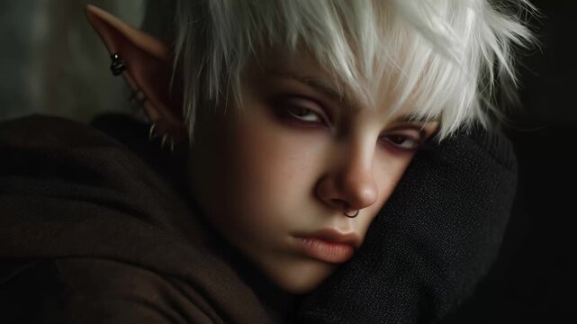 A young elf girl with white hair. Elf with pointed ears in fantasy cosplay. A cloak of mysterious white hair and a mysterious cloak of hair. A young elf girl with pale hair lifestyle.