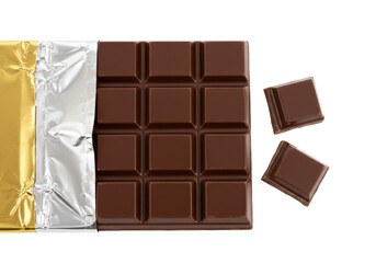 Isolated unwrapped bar of dark chocolate with two detached squares ready to eat dessert treat