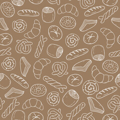 seamless pattern of bakery goods on brown color background