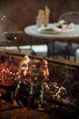 Grilled meat skewers over hot coals at an outdoor barbecue