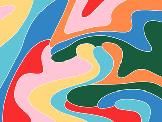 Multicolor Horizontal Abstract Background with Neon Liquid Waves. Trendy Vector Illustration in Rainbow Retro Style 60s, 70s.