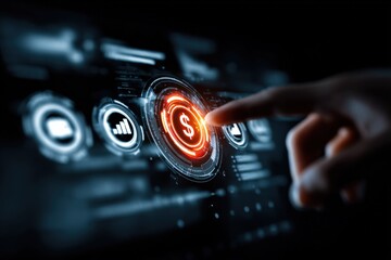 Digital Currency Activation: Finger Touching Glowing Dollar Icon on Futuristic Interface