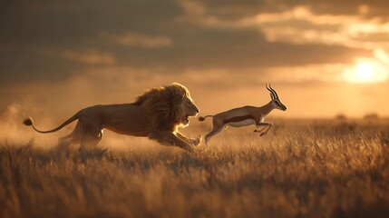 Lion chasing gazelle wildlife photography in african savanna at sunset nature animal predator prey chase