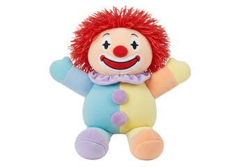 Isolated colorful stuffed toy clown with red hair and painted face for kids or toddlers