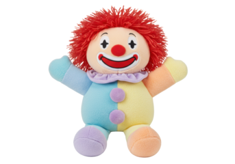 Isolated colorful stuffed toy clown with red hair and painted face for kids or toddlers