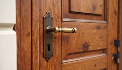 Obraz premium Wooden door with brass hardware