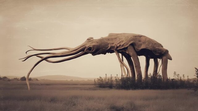 Ancient giant squid by by the giant squid. A surreal creature of tentacles. A giant eerie mysterious landscape. Ancient colossal squid by the giant squid lifestyle.