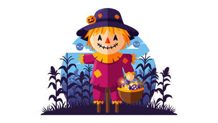Scarecrow in a Spooky Setting: An illustrated, whimsically crafted scarecrow, adorned with a hat, a grinning face, and a harvest basket filled with treats.