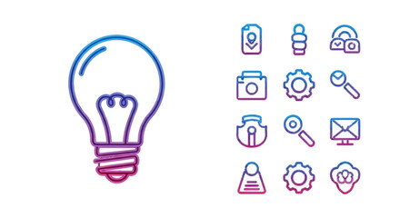 Collection of colorful gradient line icons featuring lightbulb and various business related symbols