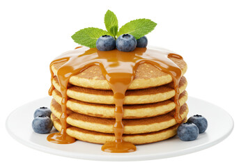 Isolated stack of pancakes with blueberries, mint leaves, and caramel sauce close-up on plate