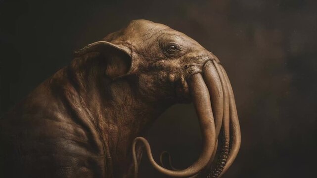Painting of a woolly mammoth. A surreal creature of tentacles and elephants. A mysterious animal in fantasy texture and mythological mythology. An artwork depicting a woolly mammoth lifestyle.