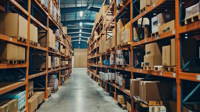 A man in work clothes checks information on a tablet in a large warehouse with shelves. Suitable for illustrating logistics, inventory management, modern technologies in warehousing, business processe
