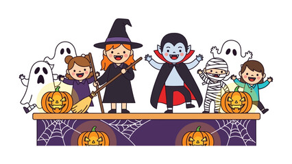 Halloween Characters: A vibrant illustration of classic Halloween characters, including a witch, a vampire, a mummy, ghosts, and children, poised with pumpkins.