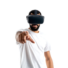 Man immersed in virtual reality points directly at the viewer creating an engaging and interactive experience in the digital world