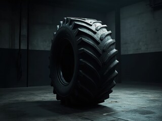 Large tractor tire in dark indoor gym with moody industrial lighting