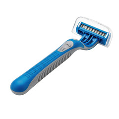 Blue and gray three blade razor with protective cap isolated on transparent background