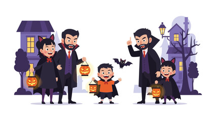 Halloween Vampire Family: A charming illustration of a family dressed in vampire costumes and trick-or-treating, set against a spooky backdrop of houses, lanterns.