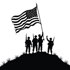 Silhouette soldiers raising American flag on grassy hill