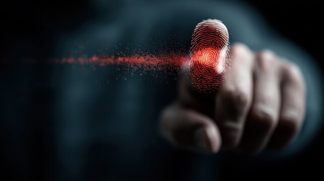 Finger scans computer key with glowing fingerprint identification for cybersecurity - Powered by Adobe