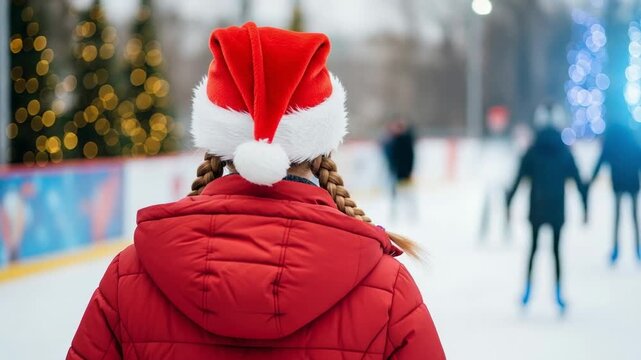 Rear view of a young girl with blonde braids in a Santa hat and red jacket at a festive outdoor ice skating rink during Christmas.