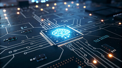 Innovative AI-Driven Agentic Technology Digital Circuit Board High-Tech Visualization Futuristic Environment Close-Up Perspective Advancements in AI Integration