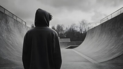 Teenager in hoodie standing at skatepark contemplating future adventures, moody monochrome scene outdoors
