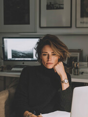 Woman at desk with computer | Focused professional working late in softly lit home office | Warm cinematic tones | Business portrait for creative entrepreneurs
