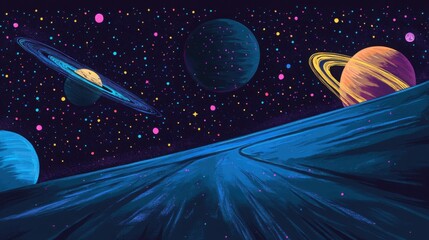 Celestial Landscape with Colorful Planets and Starry Background