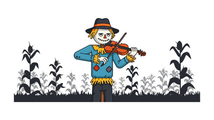 Harmony of the Fields: An anthropomorphic scarecrow, donning a hat, plays a violin amidst a cornfield, symbolizing a perfect blend of nature and artistry. 