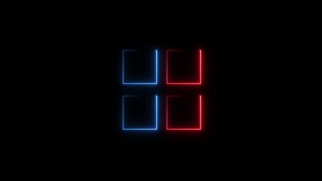 Neon glowing four square icon on black background,