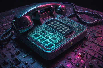Cyberpunk Neon Push-Button Telephone. Generative AI.