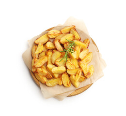 Tasty baked potatoes with rosemary isolated on white, top view