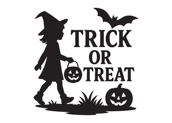 trick or treat logo silhouette vector, trick or treat lettering vector silhouette illustration, children in halloween go trick or treating logo silhouettes vector on white background. 