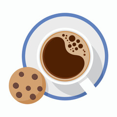 Top view of coffee cup with foam and a delicious chocolate chip cookie on a white background illustrating a simple morning treat