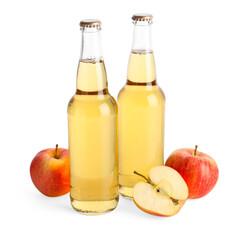 Delicious cider in glass bottles and apples isolated on white