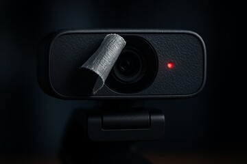 Close-up of webcam covered with tape indicating cybersecurity risk