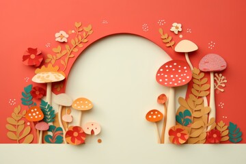 Naklejka premium Paper cutout mushroom border plant art architecture.
