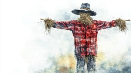 Scarecrow in Field with Straw and Plaid Shirt Amid Foggy Background