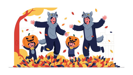 Halloween Delight: A joyful gathering unfolds with children in playful costumes and cheerful attire. Surrounded by autumn leaves and a welcoming backdrop.