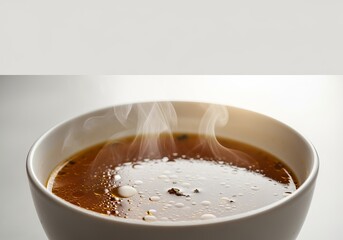 Steaming bowl of beef broth with rising steam in white bowl