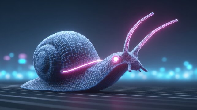 Futuristic Snail with Neon Accents in a Digital Landscape Surrounding High-Tech Vibes and Bold Colors
